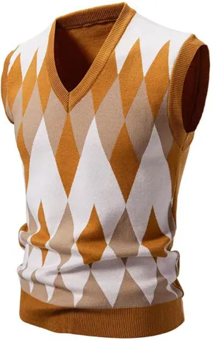 Men's Pullover Sweater Vest Sleeveless V-Neck Slim Fit Color Blocks Argyle Sweaters Vests Winter Warm Waistcoat