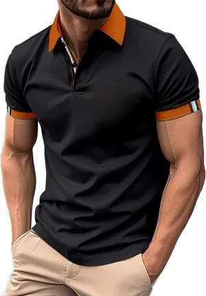Men's Quarter Button Polo Shirts Casual Knit Short Sleeve Ribbed Polo T Shirt Classic Fit Golf Shirts Activewear Tops