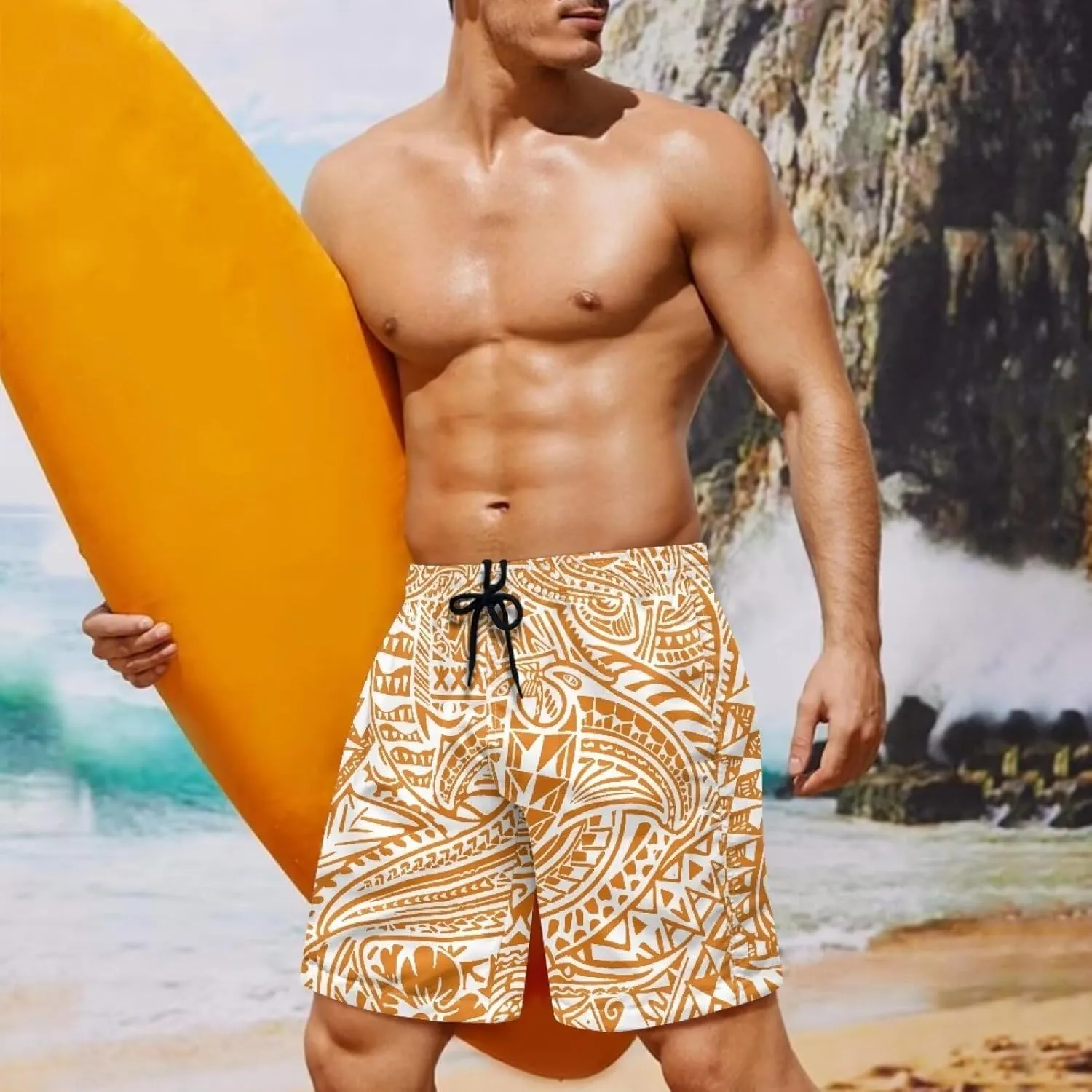 Mens Samoa Hawaii Swim Trunks Quick Dry Polynesian Tribal Tatau Swim Shorts with Mesh Lining
