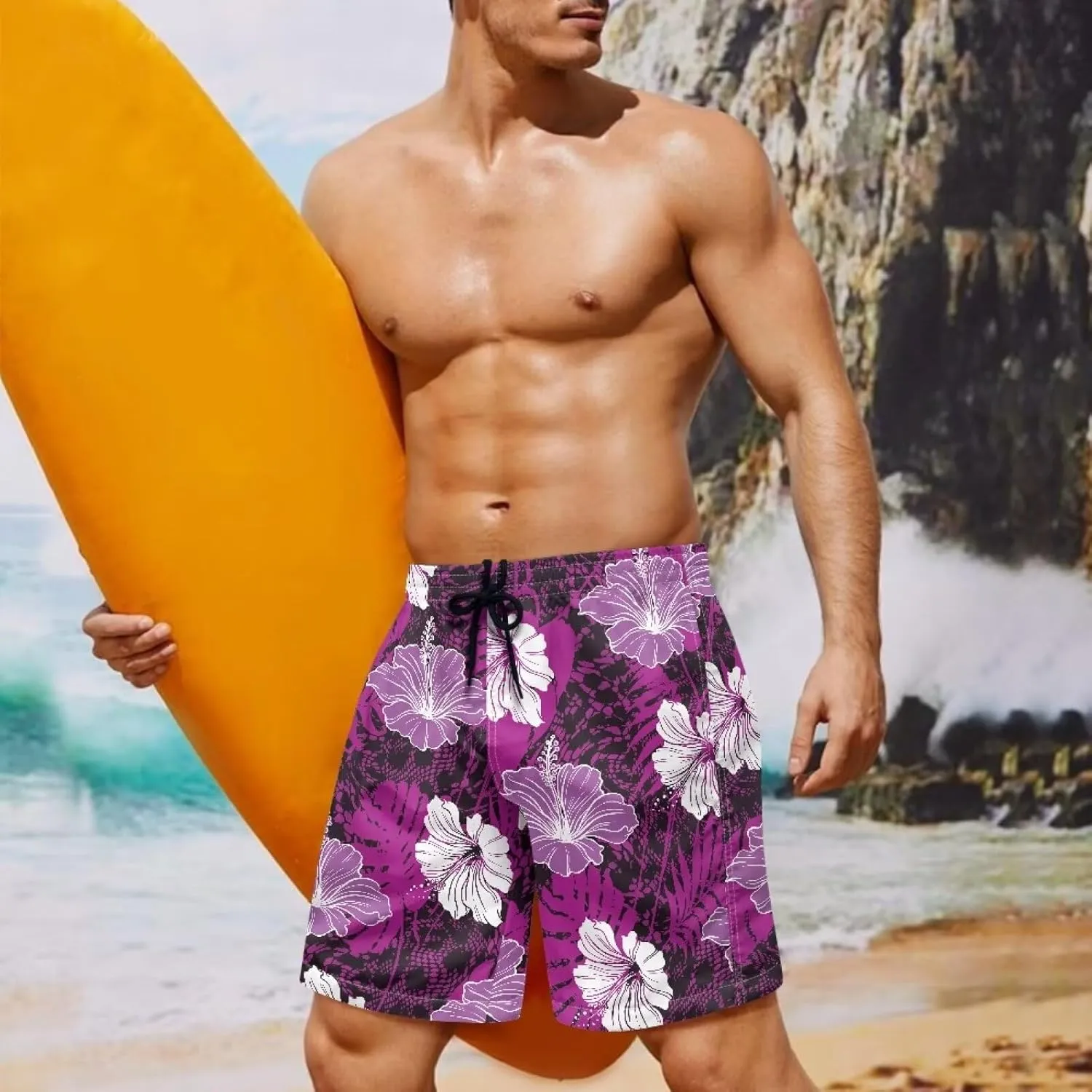 Mens Samoa Puletasi Polynesian Tribal Tonga Swim Trunks Quick Dry Board Shorts with Mesh Lining