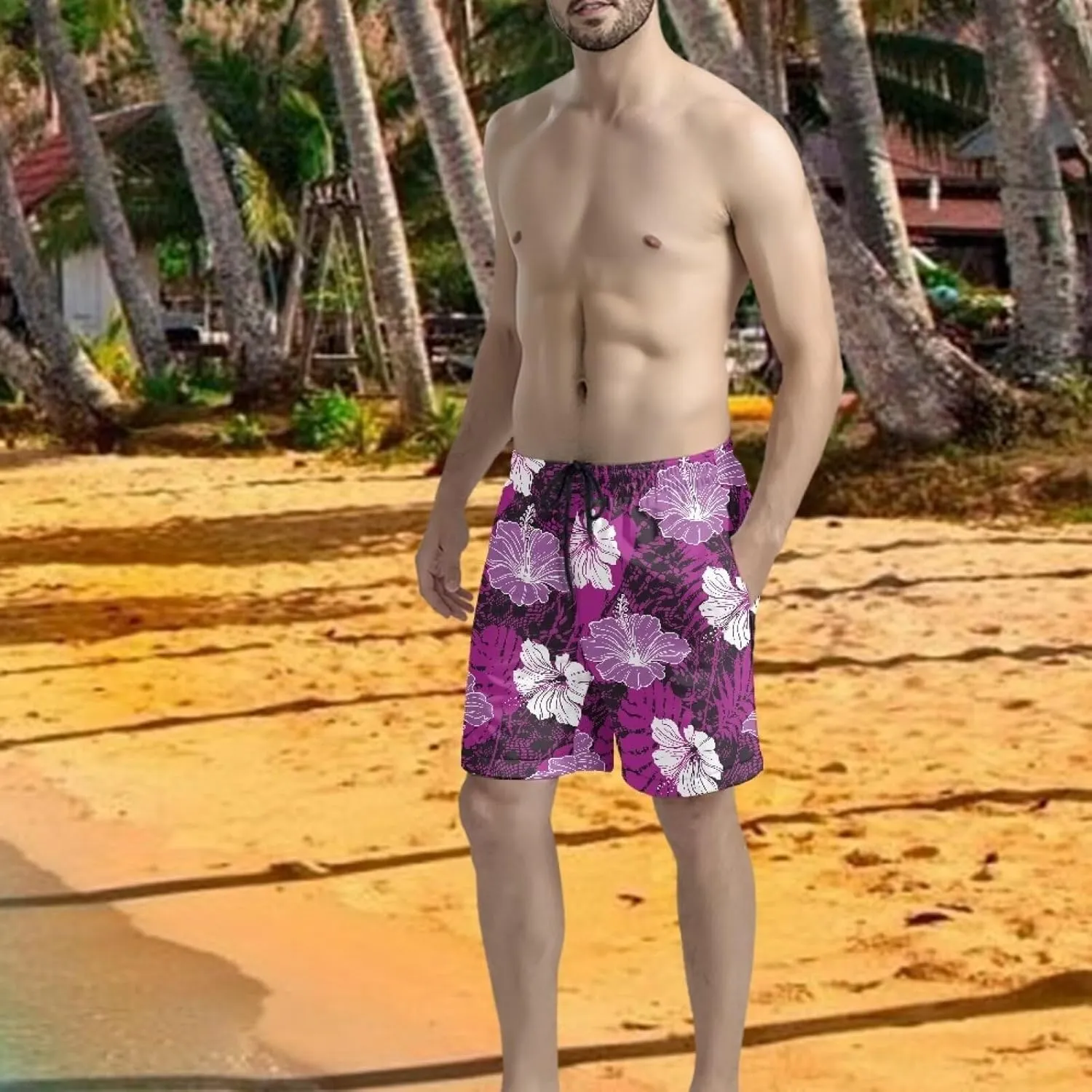 Mens Samoa Puletasi Polynesian Tribal Tonga Swim Trunks Quick Dry Board Shorts with Mesh Lining