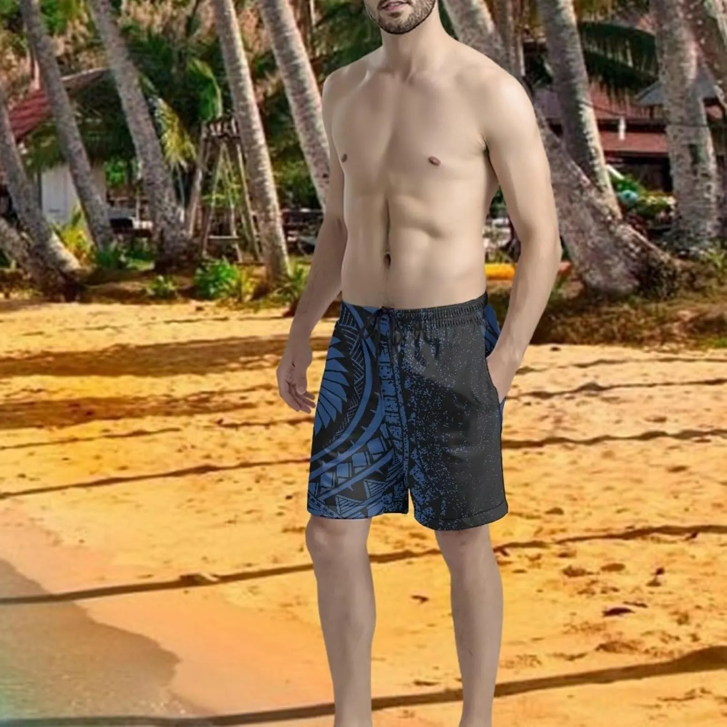 Mens Samoa Puletasi Polynesian Tribal Tonga Swim Trunks Quick Dry Board Shorts with Mesh Lining