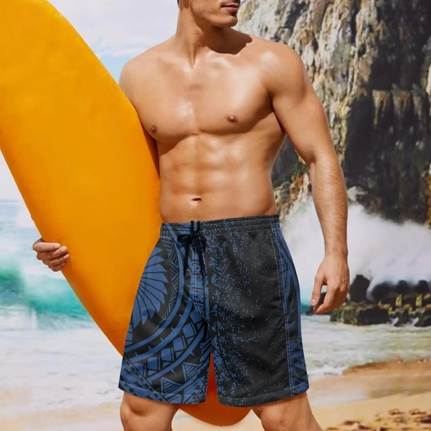 Mens Samoa Puletasi Polynesian Tribal Tonga Swim Trunks Quick Dry Board Shorts with Mesh Lining