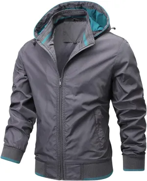Mens Windproof Jacket Zip Up Hooded Waterproof Windbreakers Loose Lightweight Coats Raincoat Activewear for Hiking