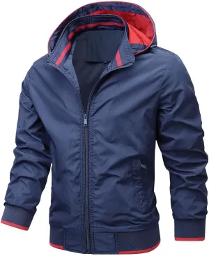 Mens Windproof Jacket Zip Up Hooded Waterproof Windbreakers Loose Lightweight Coats Raincoat Activewear for Hiking