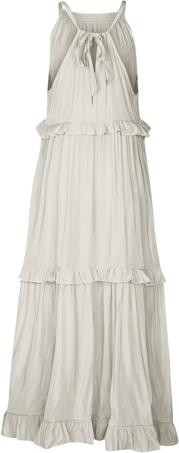 midelxp Smocked Halter Dresses for Women 2025 Classy Boho Chic Tiered Ruffle Dress Sleeveless Long Flowy Dresses with Pockets