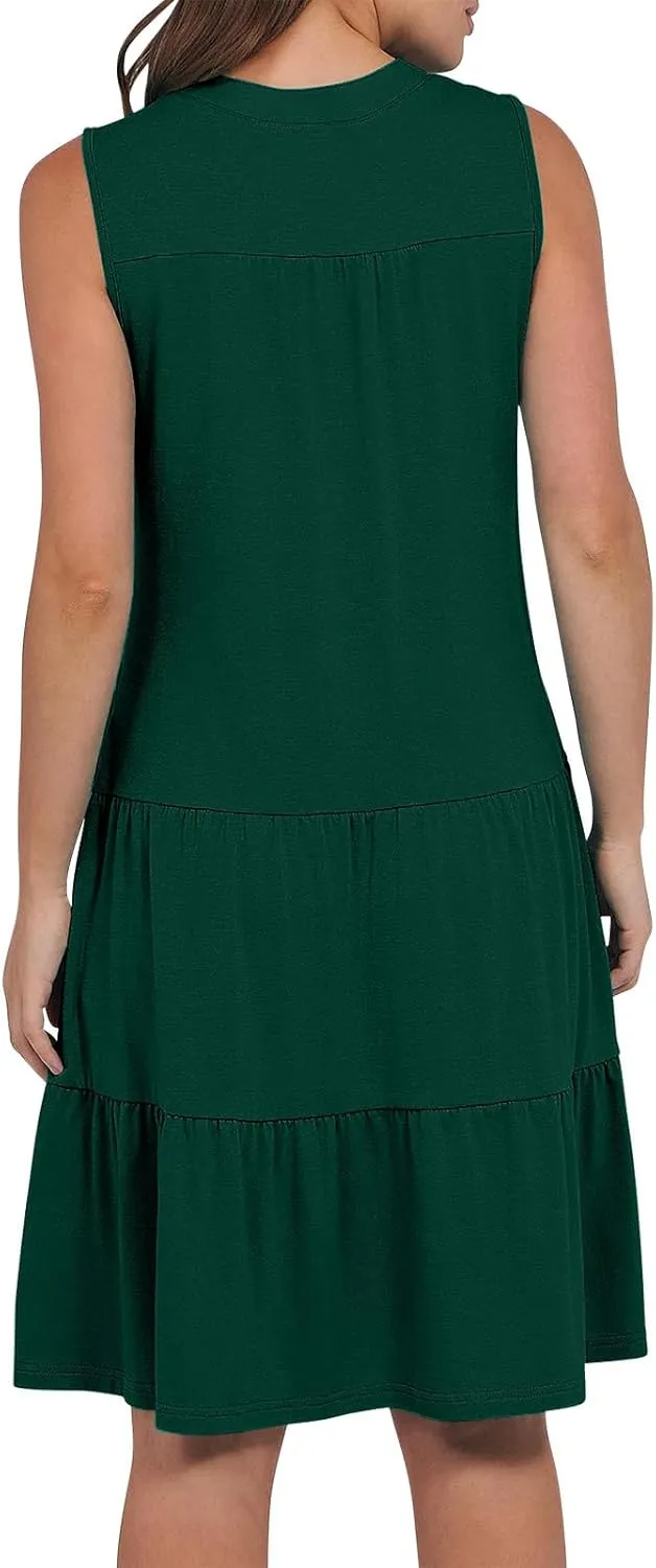 Midi Dress for Women Sleeveless V Neck Tiered Summer Dresses Flowy Swing Sundress Boho Beach Vacation Dress
