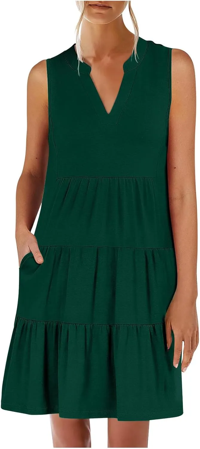 Midi Dress for Women Sleeveless V Neck Tiered Summer Dresses Flowy Swing Sundress Boho Beach Vacation Dress