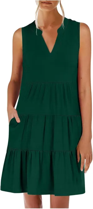 Midi Dress for Women Sleeveless V Neck Tiered Summer Dresses Flowy Swing Sundress Boho Beach Vacation Dress