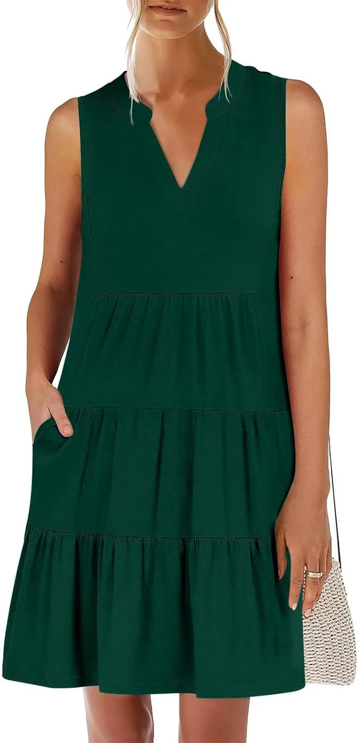 Midi Dress for Women Sleeveless V Neck Tiered Summer Dresses Flowy Swing Sundress Boho Beach Vacation Dress