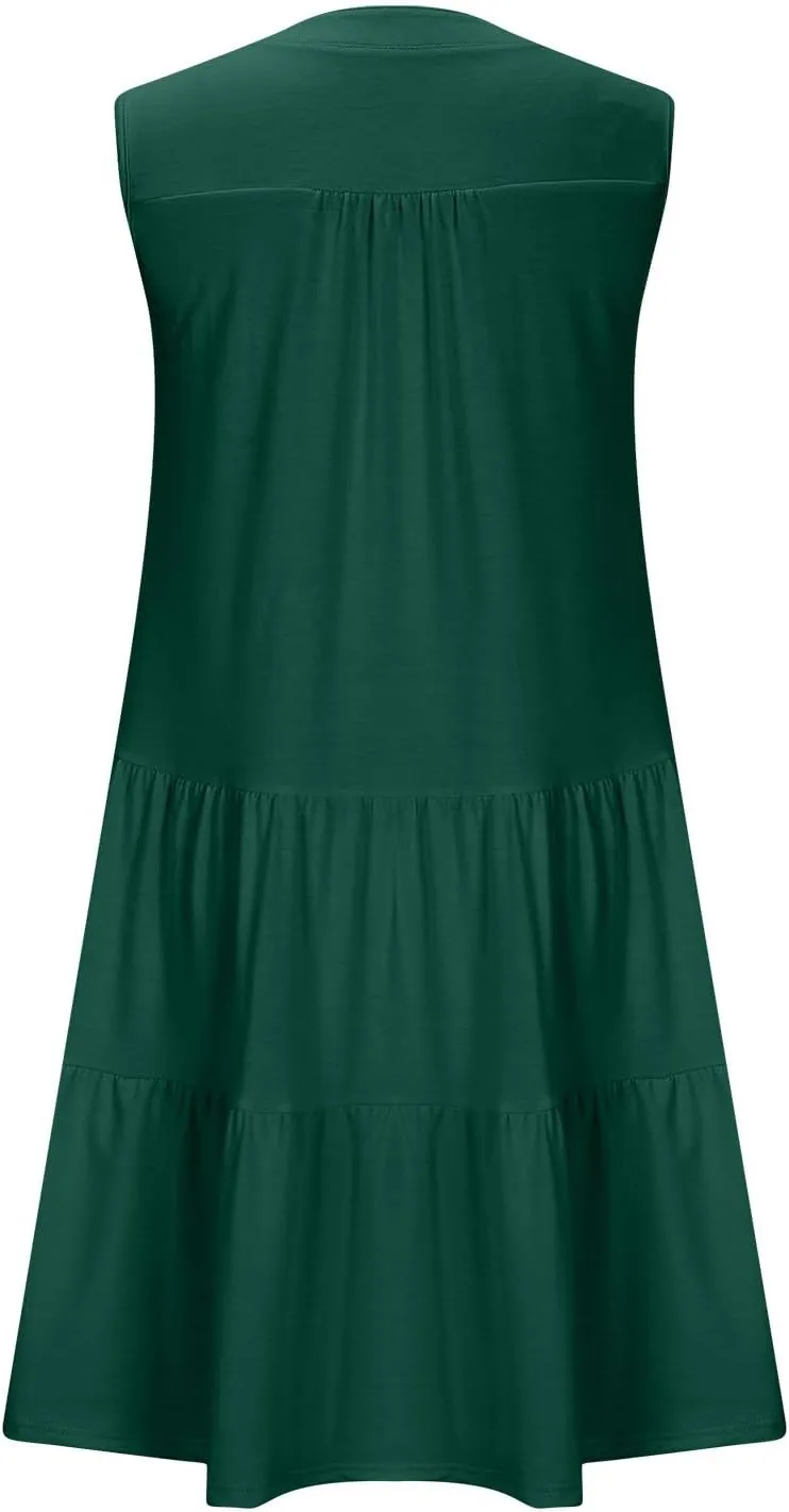 Midi Dress for Women Sleeveless V Neck Tiered Summer Dresses Flowy Swing Sundress Boho Beach Vacation Dress