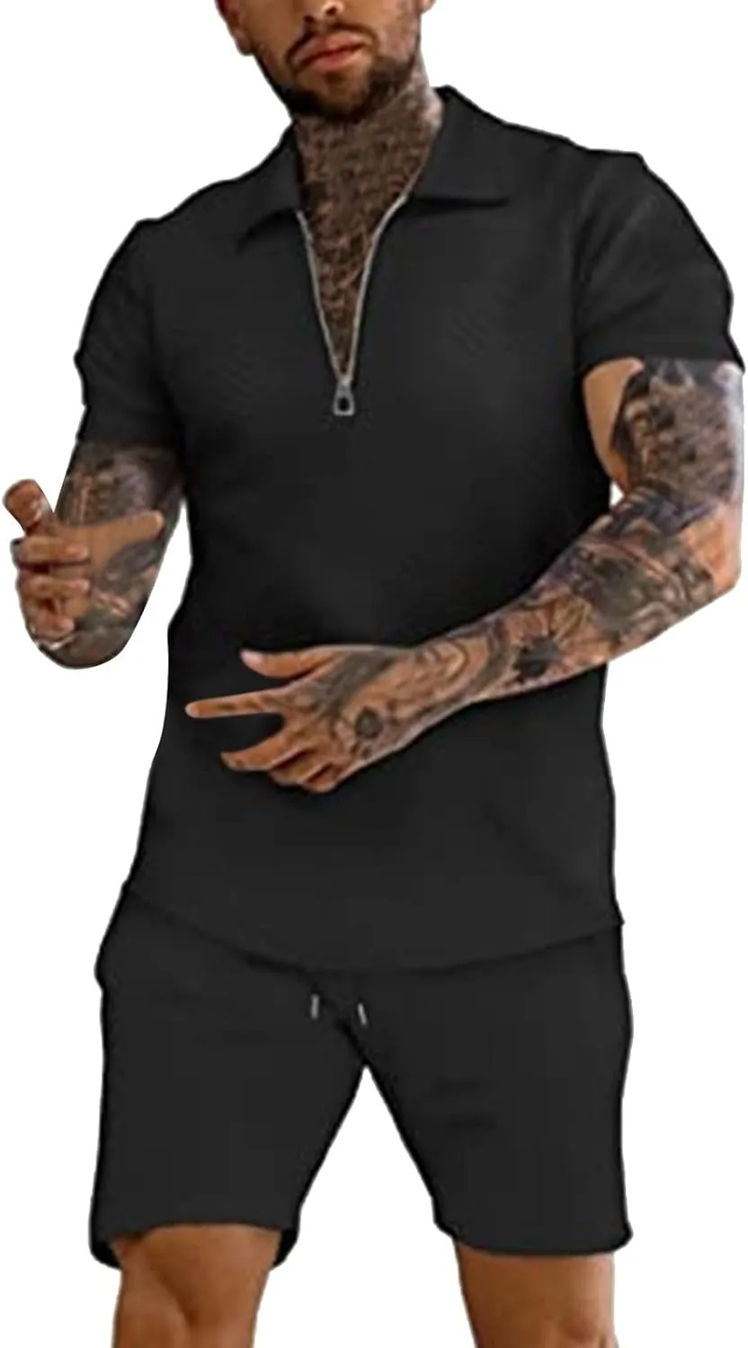 Miyaomn 2 Piece Summer Cotton Jacquard Golf Matching Set for Men Lapel V Neck Zipper Polo Shirt and Shorts Workout Tracksuits