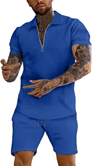 Miyaomn 2 Piece Summer Cotton Jacquard Golf Matching Set for Men Lapel V Neck Zipper Polo Shirt and Shorts Workout Tracksuits