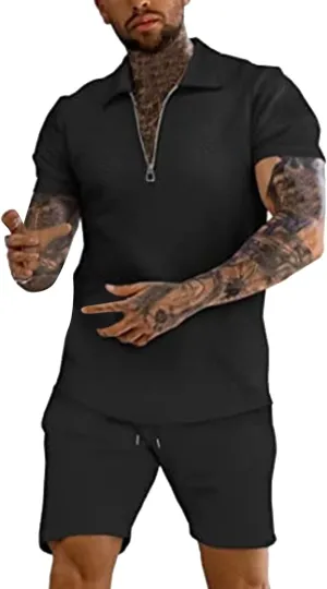 Miyaomn 2 Piece Summer Cotton Jacquard Golf Matching Set for Men Lapel V Neck Zipper Polo Shirt and Shorts Workout Tracksuits