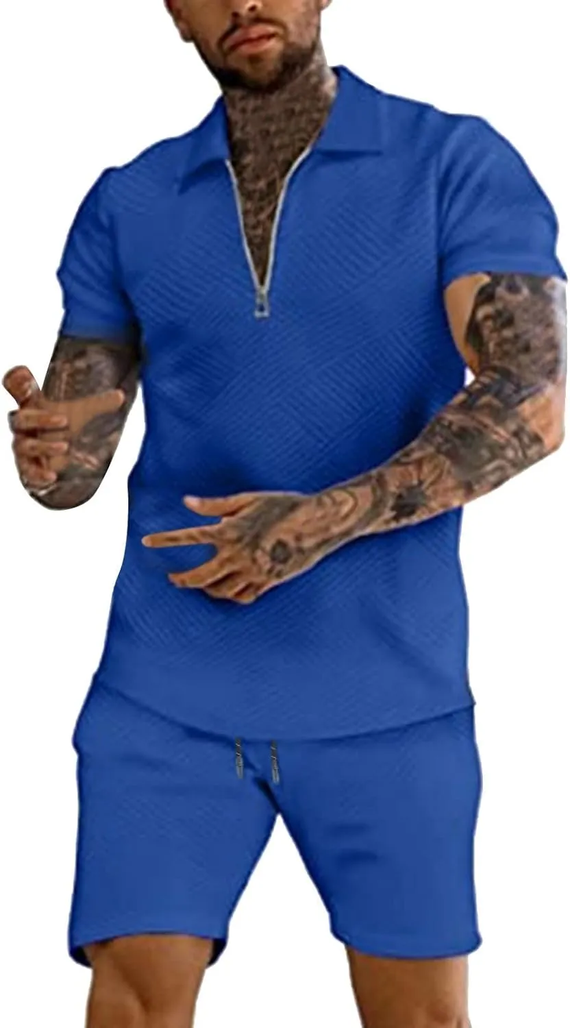 Miyaomn 2 Piece Summer Cotton Jacquard Golf Matching Set for Men Lapel V Neck Zipper Polo Shirt and Shorts Workout Tracksuits