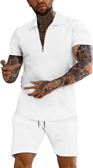 Miyaomn 2 Piece Summer Cotton Jacquard Golf Matching Set for Men Lapel V Neck Zipper Polo Shirt and Shorts Workout Tracksuits