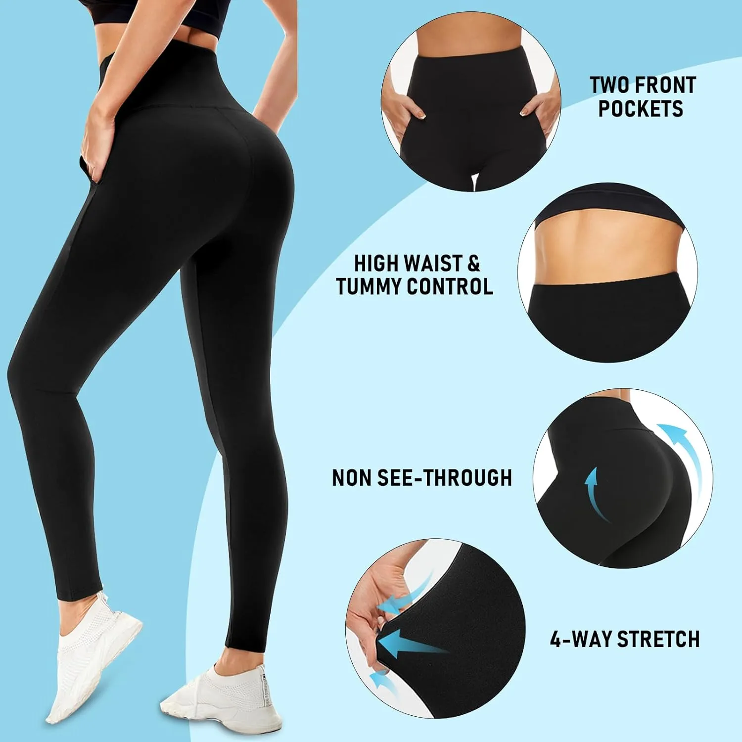 MOREFEEL Leggings with Pockets for Women, High Waisted Tummy Control Workout Hip Lift Yoga Pants Activewear