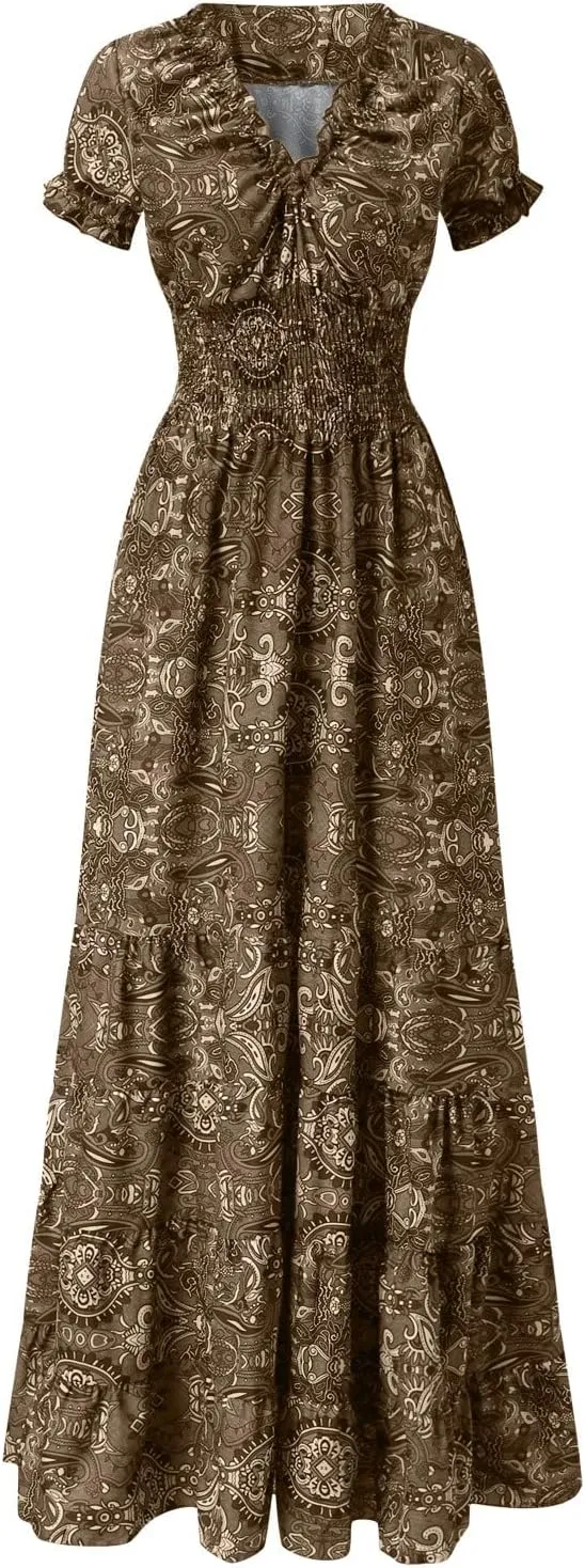 MRAFDGFB Plus Size Summer Dresses Women Short Sleeve Elegant Evening Dress Flower Sexy A Line Boho Homecoming Dresses (Coffee, L)