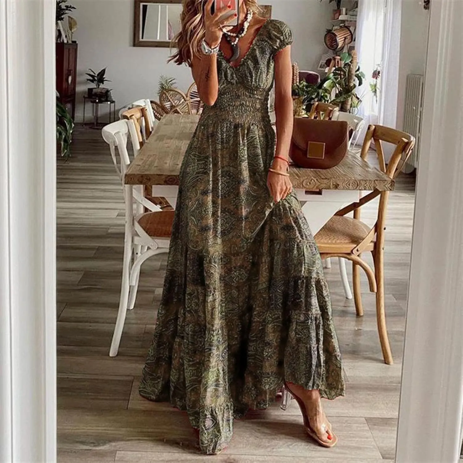 MRAFDGFB Plus Size Summer Dresses Women Short Sleeve Elegant Evening Dress Flower Sexy A Line Boho Homecoming Dresses (Coffee, L)