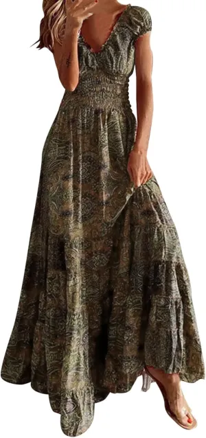 MRAFDGFB Plus Size Summer Dresses Women Short Sleeve Elegant Evening Dress Flower Sexy A Line Boho Homecoming Dresses (Coffee, L)