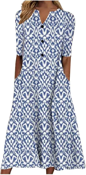 NaRHbrg Womens Summer Dress Casual Floral Print Midi Dress Button V Neck Short Sleeve Dresses Flowy Boho Beach Party Sundress