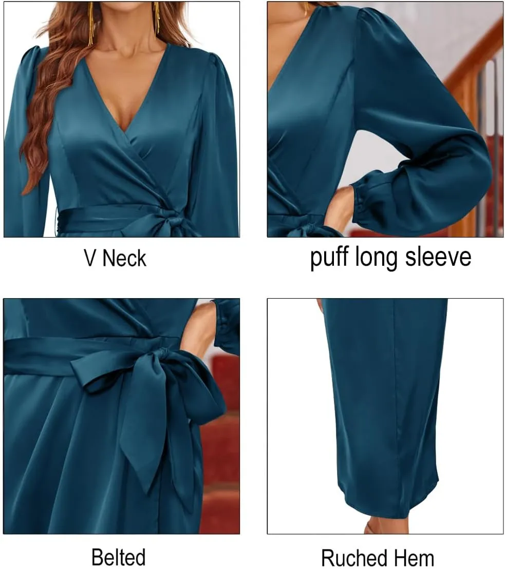 Newshows Women's 2023 Satin Short/Long Sleeve Cocktail Midi Dress Belted Ruched Slit Formal Wedding Guest Dresses