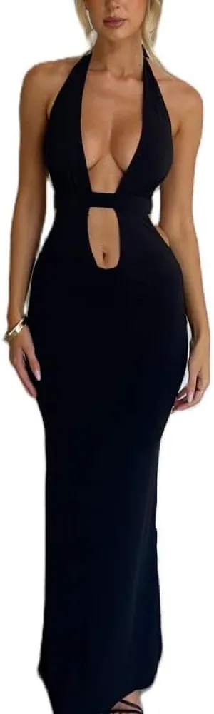 NUFIWI Sleeveless Backless Maxi Dress Open Back Slim Fit Long Dress Cut Out Bodycon Cocktail Dress Going Out Wear