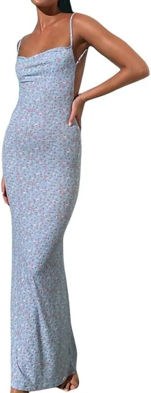NUFIWI Sleeveless Backless Maxi Dress Open Back Slim Fit Long Dress Cut Out Bodycon Cocktail Dress Going Out Wear