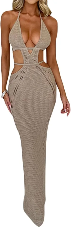 NUFIWI Sleeveless Backless Maxi Dress Open Back Slim Fit Long Dress Cut Out Bodycon Cocktail Dress Going Out Wear