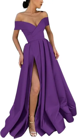 Off Shoulder Satin Prom Dresses Ball Gown Plus Size Formal A Line Dresses for Women Wedding Dress with Slit