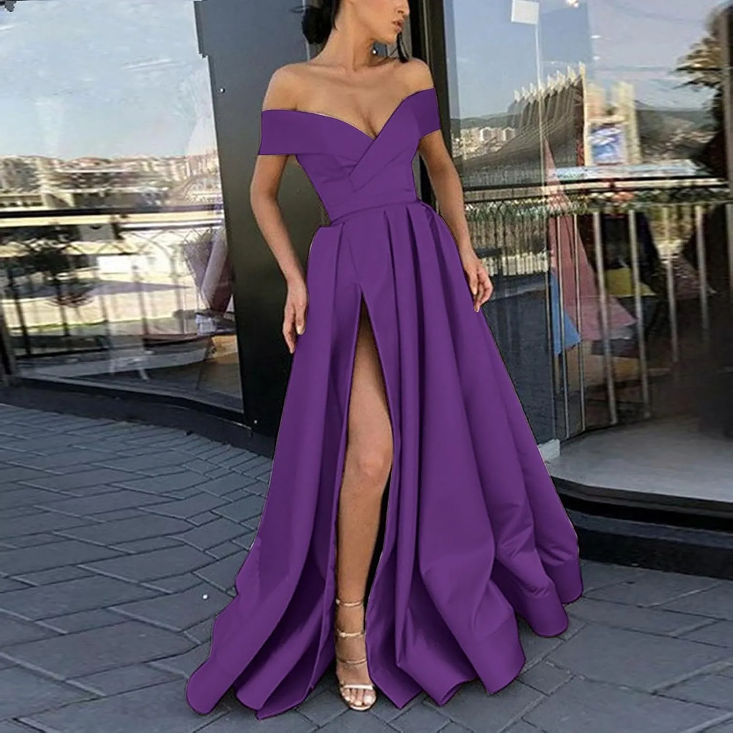 Off Shoulder Satin Prom Dresses Ball Gown Plus Size Formal A Line Dresses for Women Wedding Dress with Slit