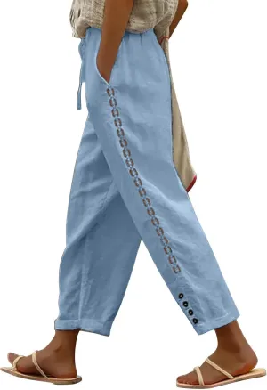 Ollysqiar Flowy Pants for Women,Linen Pants Elastic Waist Relaxed Fit Straight Leg Crop Pants Beach Trousers with Pockets