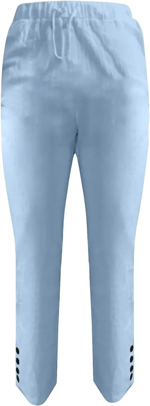 Ollysqiar Flowy Pants for Women,Linen Pants Elastic Waist Relaxed Fit Straight Leg Crop Pants Beach Trousers with Pockets