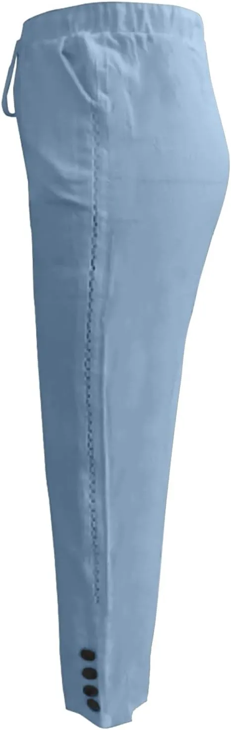 Ollysqiar Flowy Pants for Women,Linen Pants Elastic Waist Relaxed Fit Straight Leg Crop Pants Beach Trousers with Pockets