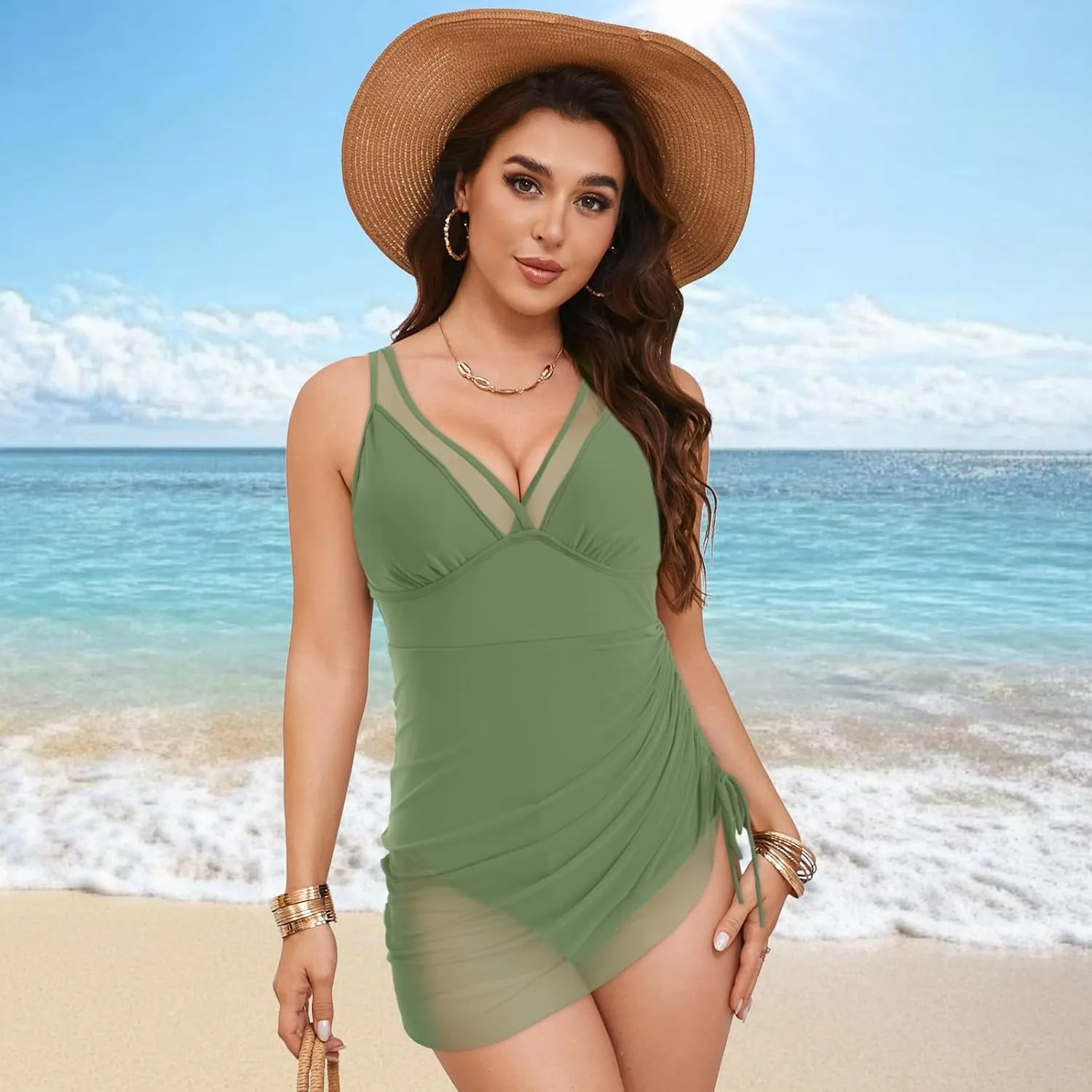 One Piece Swimsuit For Women Square Back Bathing Suit Tummy Control Slimming High Waisted Swimwear Color Block Swimming Suits