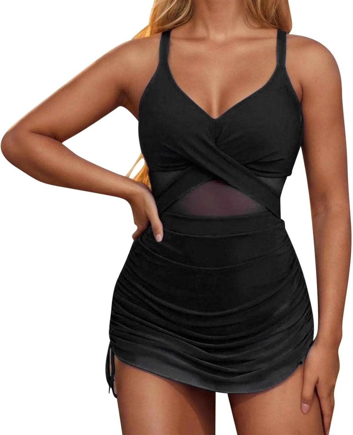 One Piece Swimsuit Women Plunge Mesh Swim Dress Slimming Tummy Control Bathing Suit with Ruched Wraps Skirted Swimwear