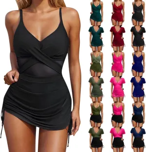 One Piece Swimsuit Women Plunge Mesh Swim Dress Slimming Tummy Control Bathing Suit with Ruched Wraps Skirted Swimwear