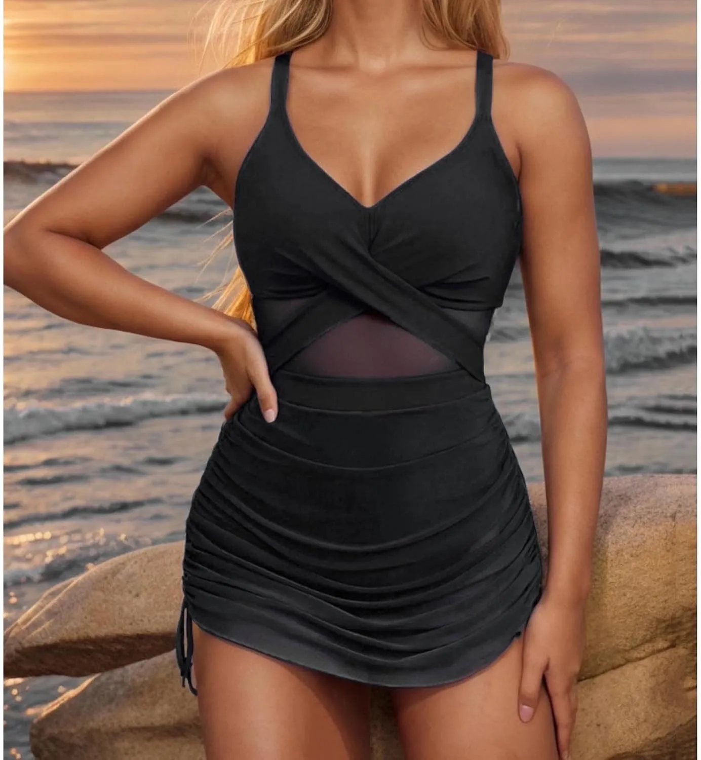One Piece Swimsuit Women Plunge Mesh Swim Dress Slimming Tummy Control Bathing Suit with Ruched Wraps Skirted Swimwear