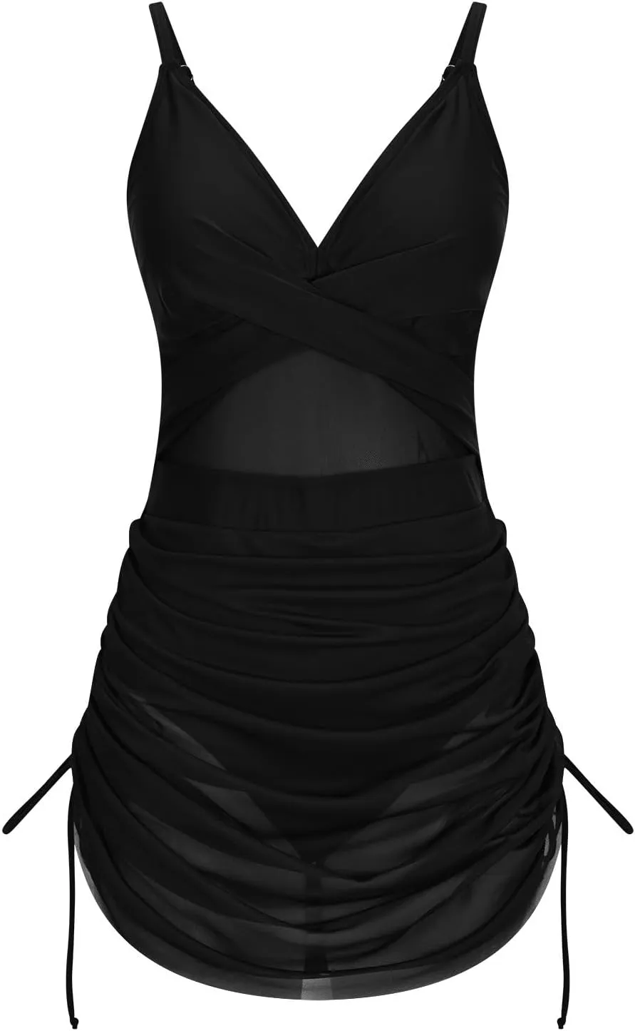 One Piece Swimsuit Women Plunge Mesh Swim Dress Slimming Tummy Control Bathing Suit with Ruched Wraps Skirted Swimwear