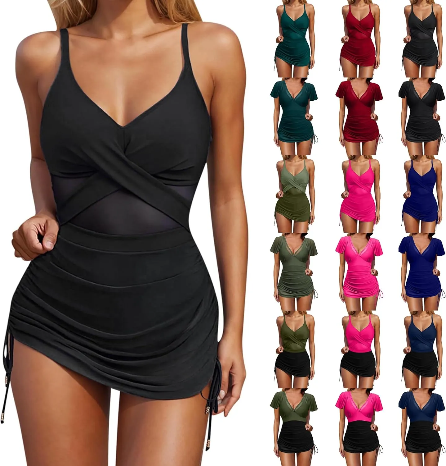 One Piece Swimsuit Women Plunge Mesh Swim Dress Slimming Tummy Control Bathing Suit with Ruched Wraps Skirted Swimwear