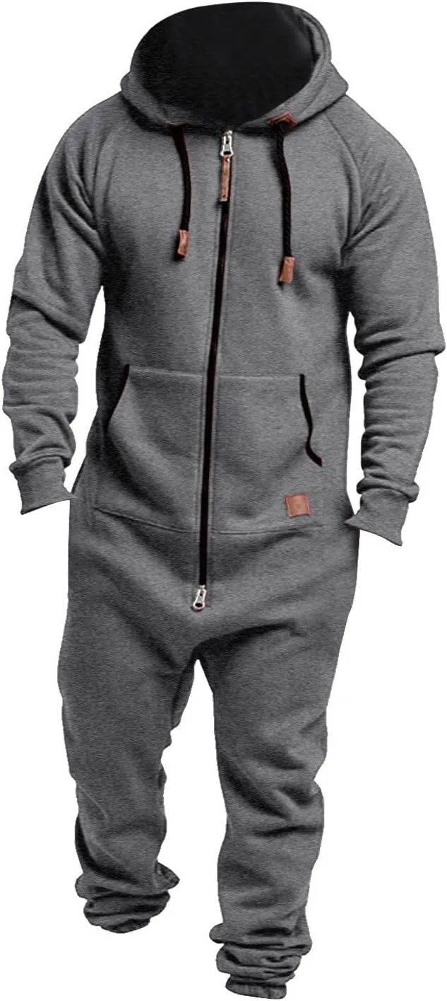 Onesies Men's Hooded Jumpsuit Zip Up One Piece Pajamas Workout Jogging Playsuit Jogger Sweatsuit Overall Romper