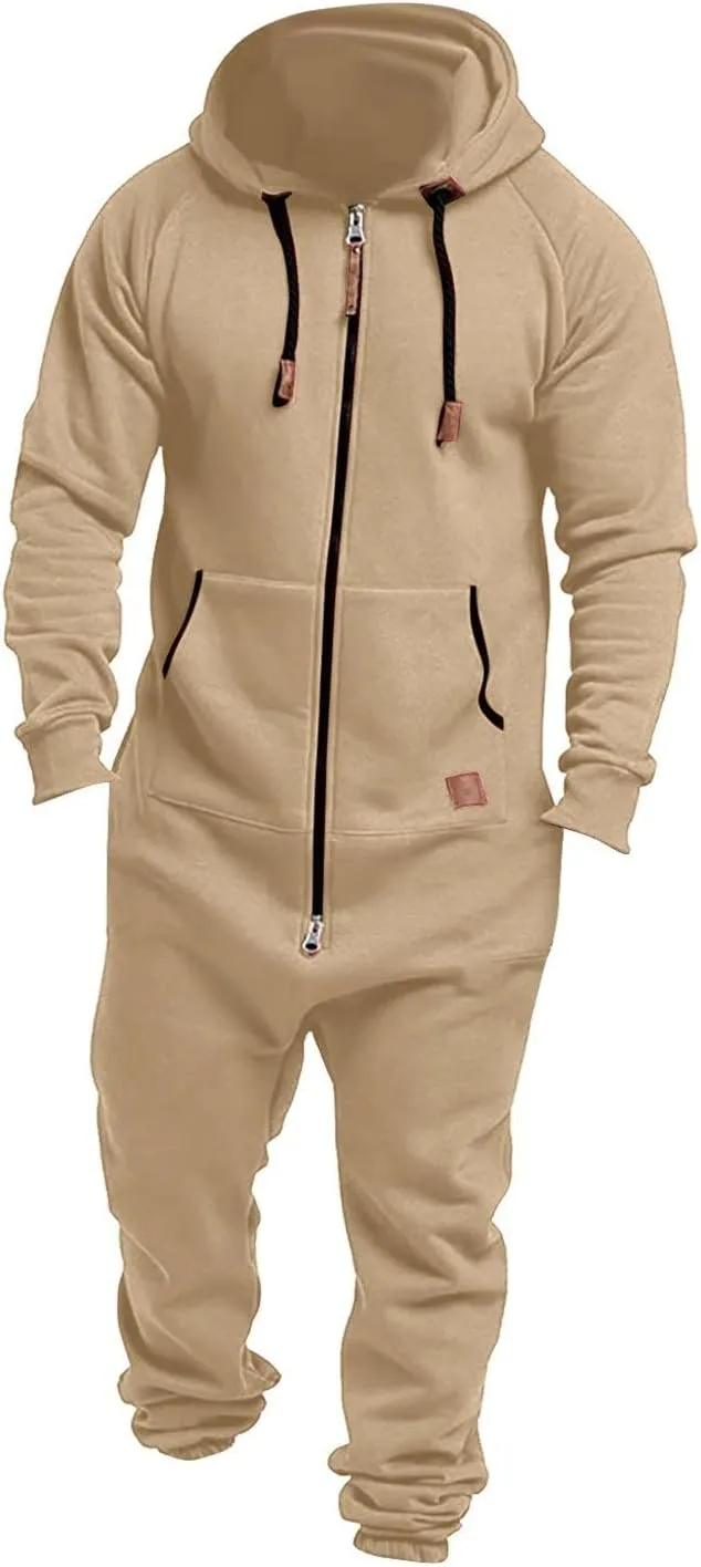 Onesies Men's Hooded Jumpsuit Zip Up One Piece Pajamas Workout Jogging Playsuit Jogger Sweatsuit Overall Romper