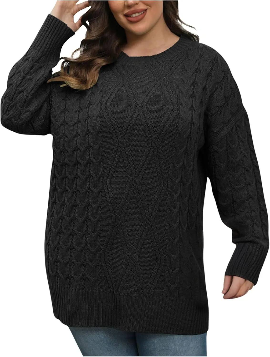Oversized Cable Knit Sweater for Women Casual Long Sleeve Crewneck Tunic Tops Fall Winter Chunky Pullover Jumpers