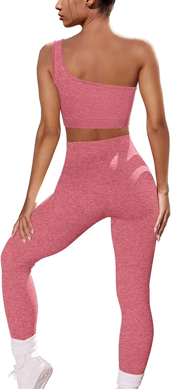 OYS Workout Sets for Women 2 Piece Seamless High Waist Running Leggings Yoga Gym One Shoulder Sports Bra Outfits