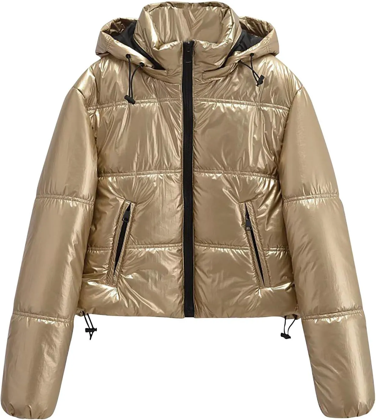 Peacoat Womens Coat Winter Quilted Cropped Jackets Fashion Metallic Puffer Puffer Thermal down Jackets with Hooded