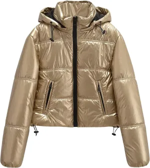 Peacoat Womens Coat Winter Quilted Cropped Jackets Fashion Metallic Puffer Puffer Thermal down Jackets with Hooded