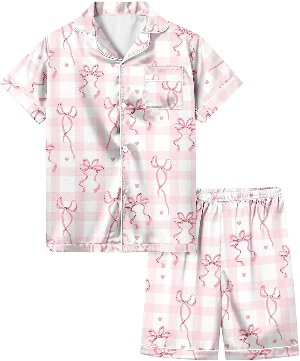 Pink Puff 𝙋ajamas Kids Cute Satin Button Down Shirts and Shorts Y2k 𝙋js Palm Puff 2 Piece Outifts Preppy Clothes for Girls