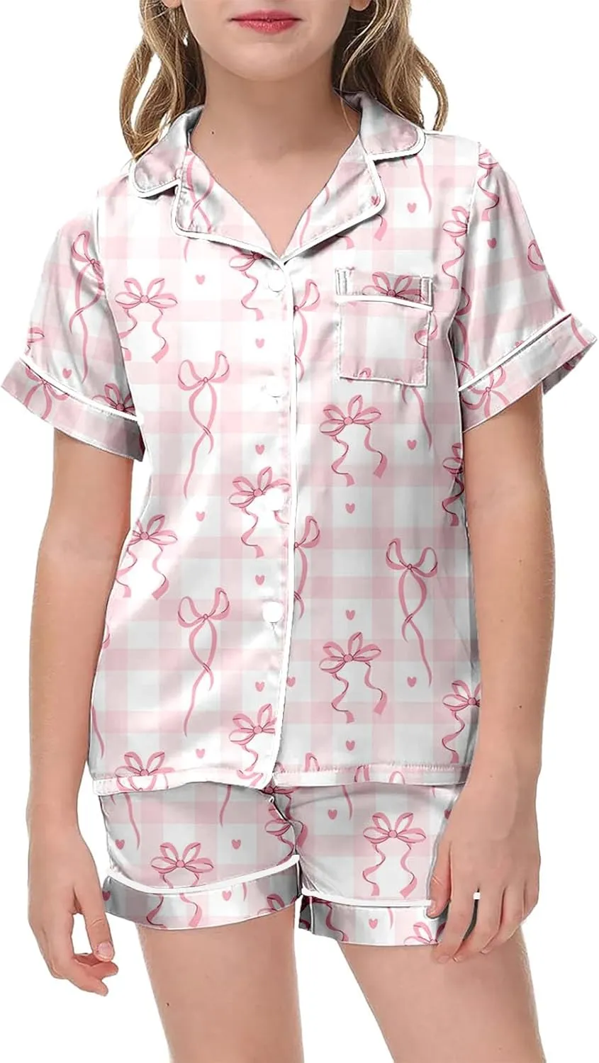 Pink Puff 𝙋ajamas Kids Cute Satin Button Down Shirts and Shorts Y2k 𝙋js Palm Puff 2 Piece Outifts Preppy Clothes for Girls