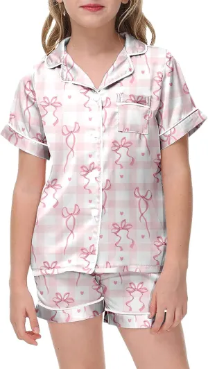 Pink Puff 𝙋ajamas Kids Cute Satin Button Down Shirts and Shorts Y2k 𝙋js Palm Puff 2 Piece Outifts Preppy Clothes for Girls