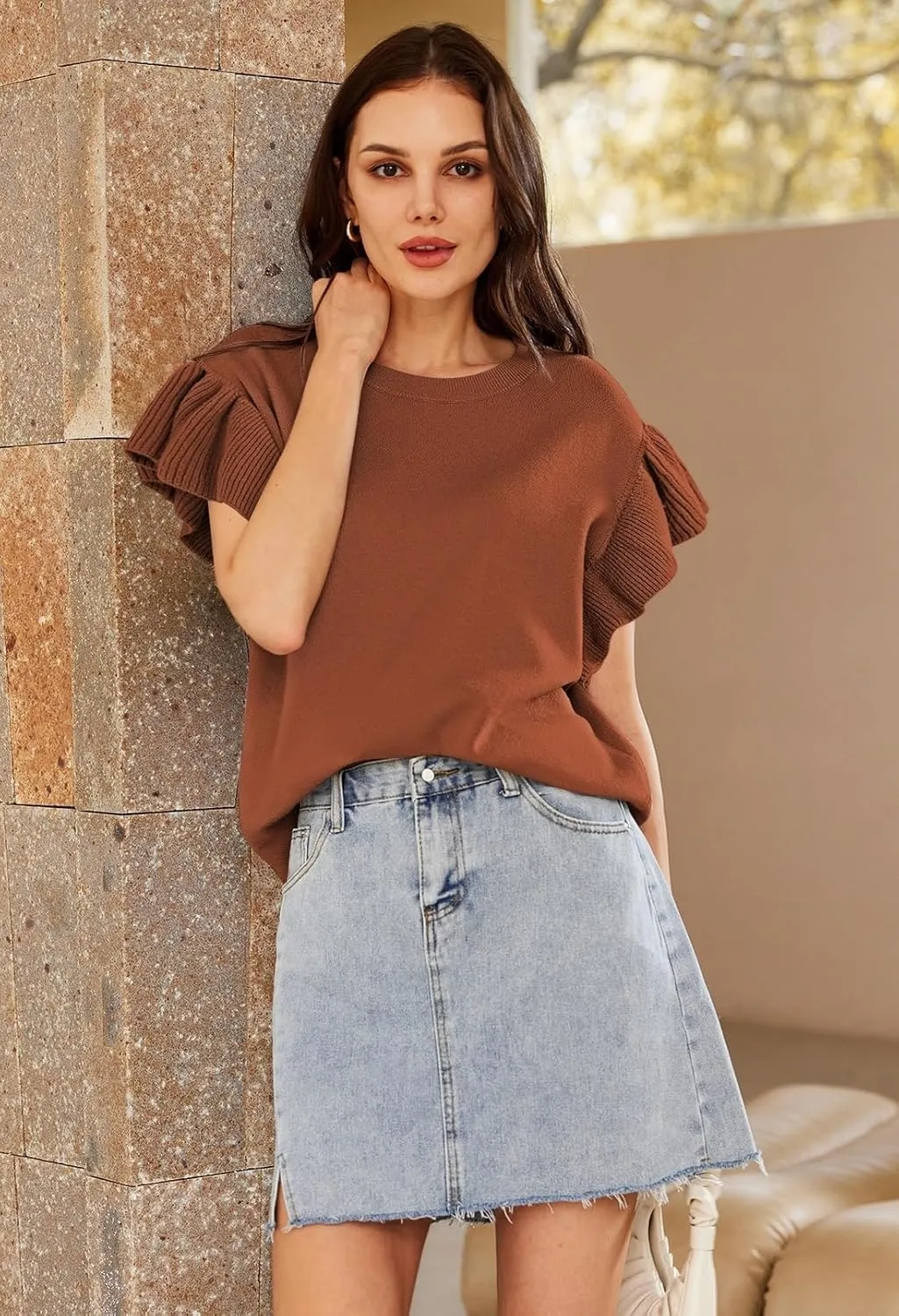 Pink Queen Women's Crew Neck Ruffle Edge Sleeves Loose Oversized Knit Pullover Sweater Jumper Tops Summer Fall Winter